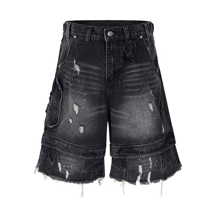 Vintage Hip Hop Ripped Jeans Short Streetwear Harakuju Casual Denim Short For Male Multi Pockets