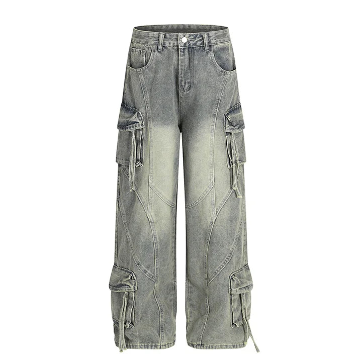 Hi Street Cargo Casual Jeans Pants Multi Pockets Streetwear Washed Denim Trousers For Male Patchwork