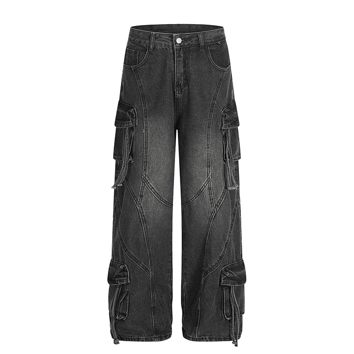 Hi Street Cargo Casual Jeans Pants Multi Pockets Streetwear Washed Denim Trousers For Male Patchwork