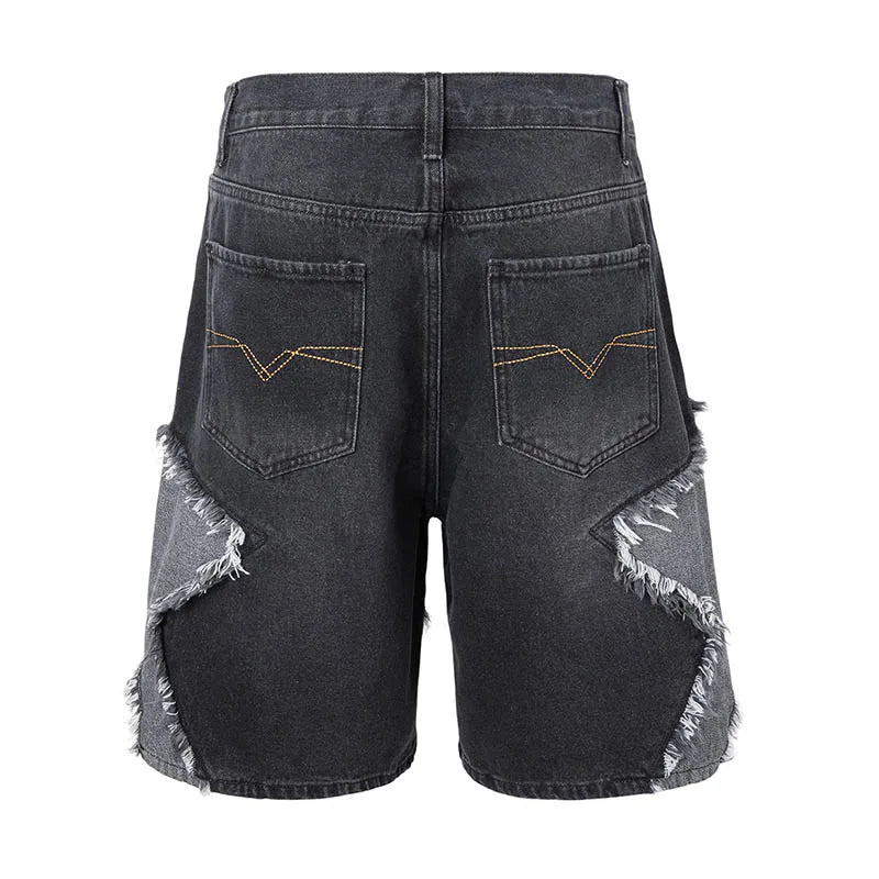 Hip Hop Star Pattern Casual Jeans Shorts Streetwear Washed Loose Denim Shorts For Male Patchwork
