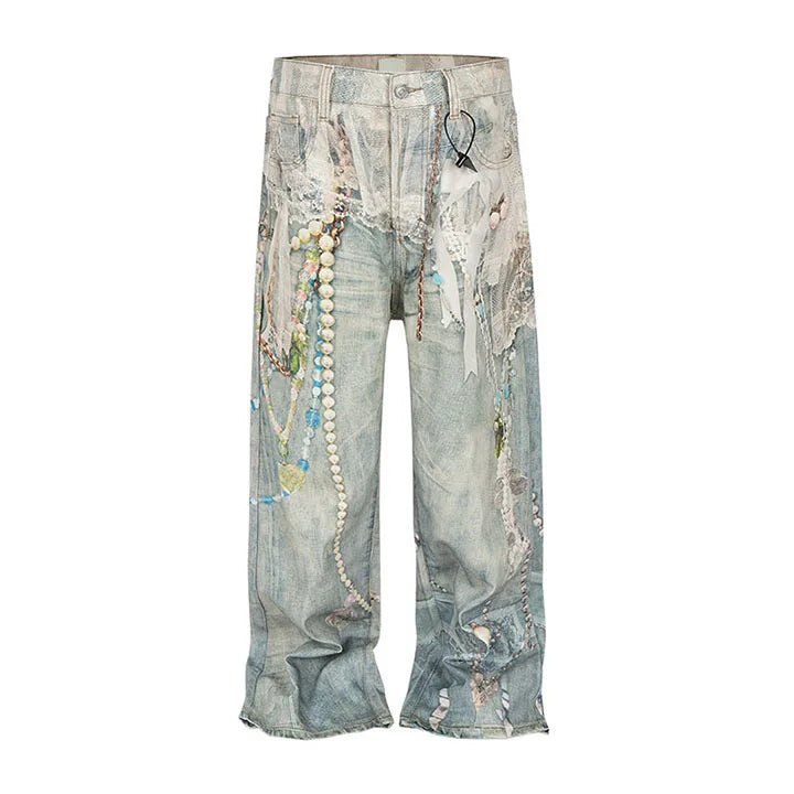 Hip Hop Vintage Pearl Printed Jeans Pants Harakuju Loose Baggy Denim Trousers For Unisex
