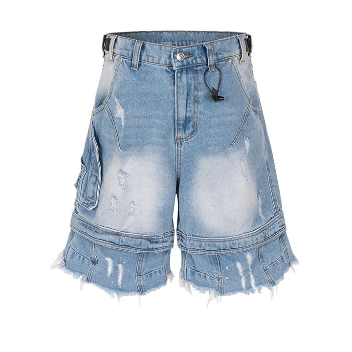 Vintage Hip Hop Ripped Jeans Short Streetwear Harakuju Casual Denim Short For Male Multi Pockets