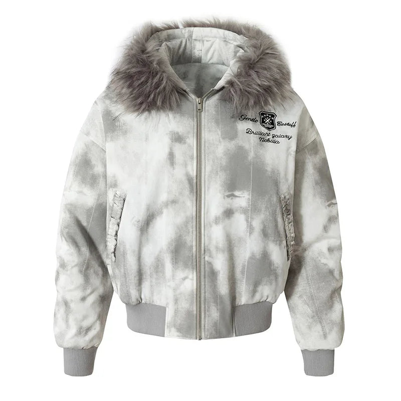 Vintage Winter Warm Casual Parka Coats Fur Collar Cotton Lined Printed Bomber Outwear Jackets For Male