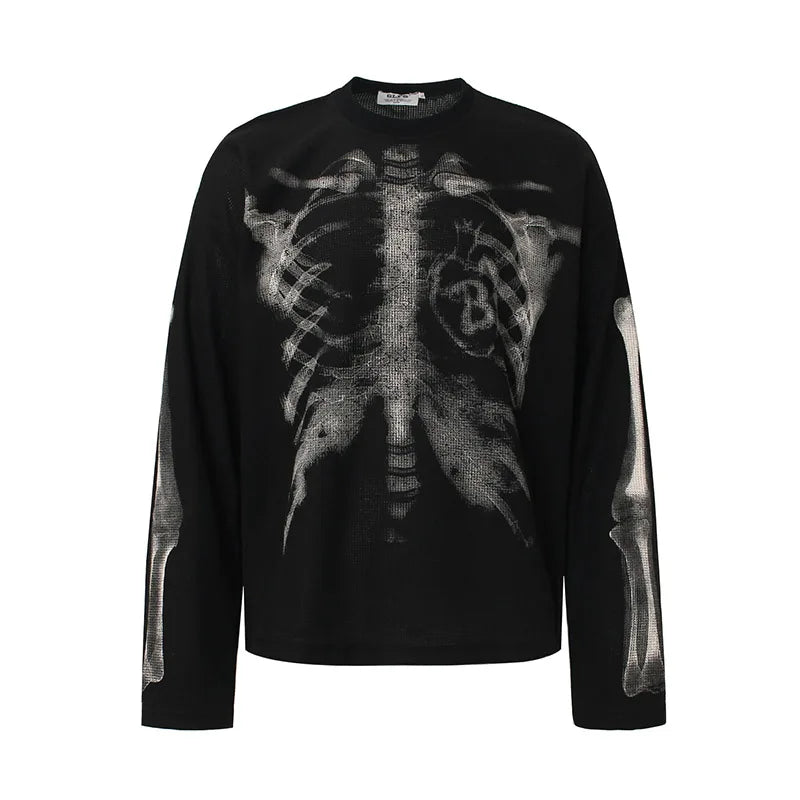 Oversized Hip Hop Skeleton Graphic T shirts Harakuju Streetwear Casual Top Tees For Male Long Sleeves