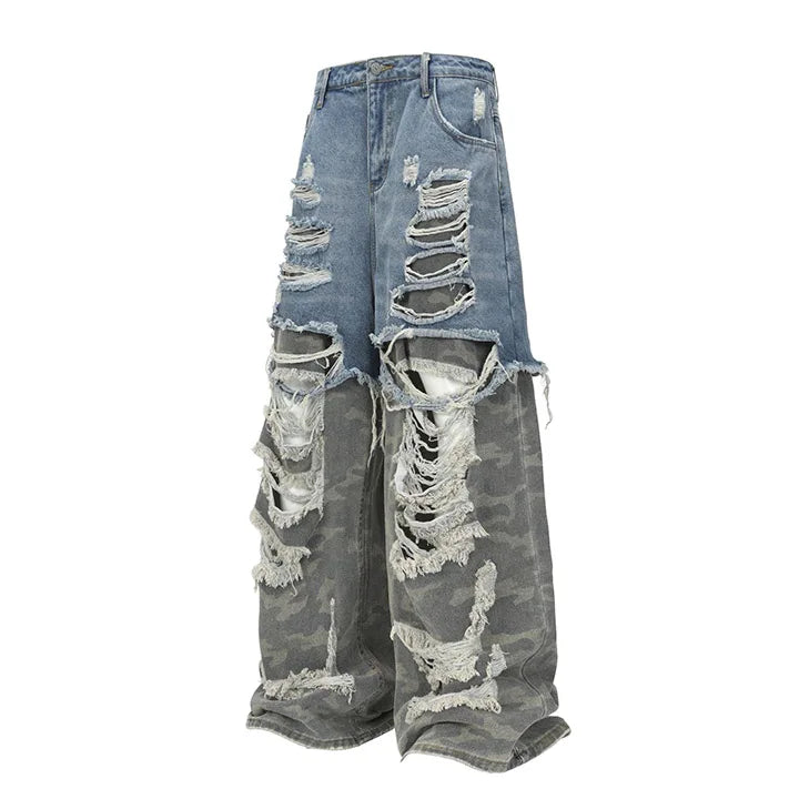 Harakuju Vintage Casual Jeans Pants Washed Hip Hop Camouflage Denim Trousers For Male Patchwork