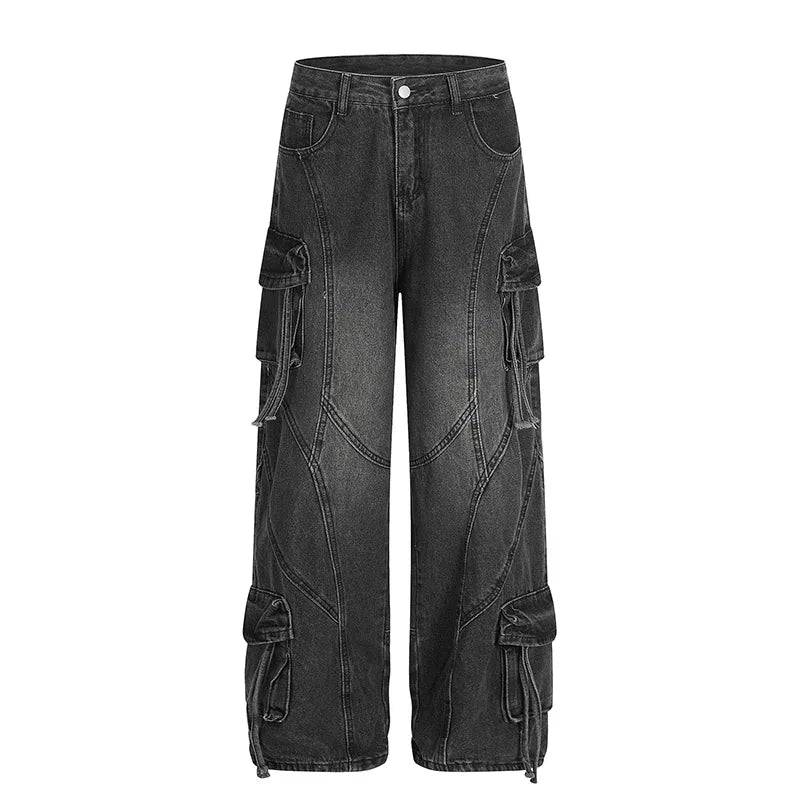 Hi Street Cargo Casual Jeans Pants Multi Pockets Streetwear Washed Denim Trousers For Male Patchwork