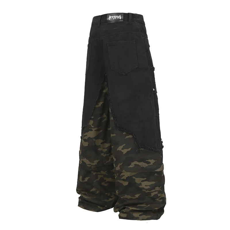 Hi Street Cargo Camouflage Jeans Pants Detachable Baggy Casual Denim Trousers For Male Patchwork