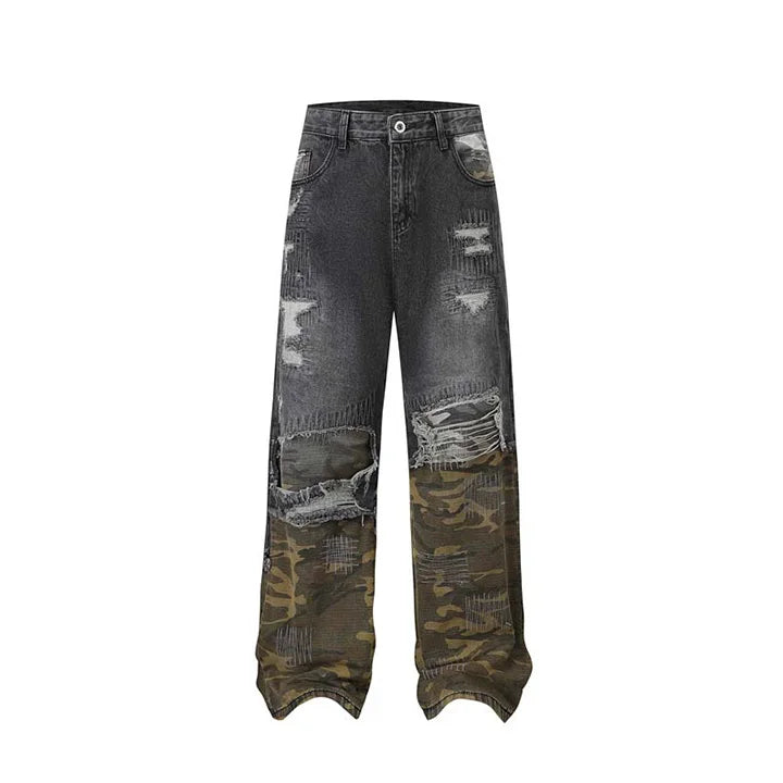 Camouflage Patchwork Jeans Pants Men Hip Hop Streetwear Washed Denim Trousers Straight Distressed