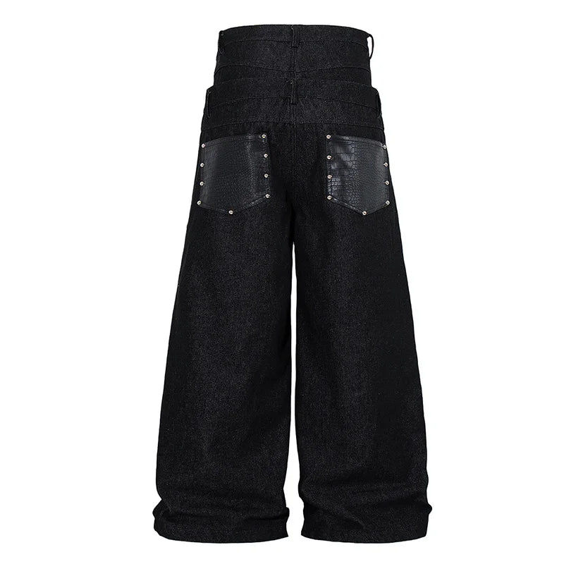 Vintage Hi Street Black Jeans Pants Rivet Style Leather Patchwork Denim Trousers For Male Loose Fit
