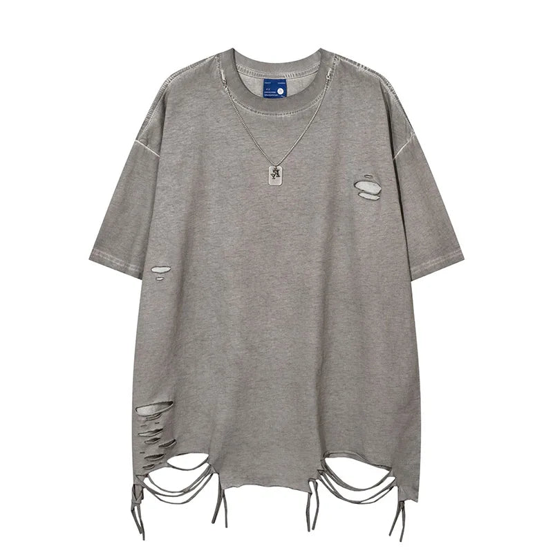 Oversized Hi Street Short Sleeves T-shirt Men Ripped Washed Summer Top Tees Loose Fit Streetwear