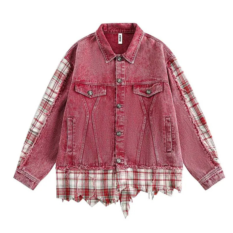 Oversized Hip Hop Ripped Denim Jackets Hi Street Plaid Patchwork Outwear Jeans Coats For Male Streetwear