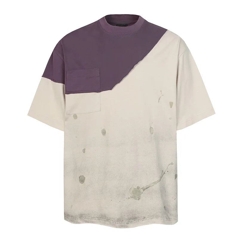 Vintage Irregular Patchwork Casual T shirt Washed Streetwear HipHop Top Tees For Male