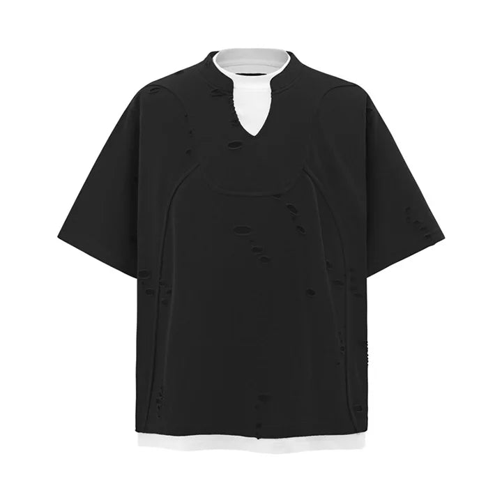 Hip Hop Ripped Casual T shirts Streetwear Hi Street Patchwork Top Tees For Male Short Sleeves