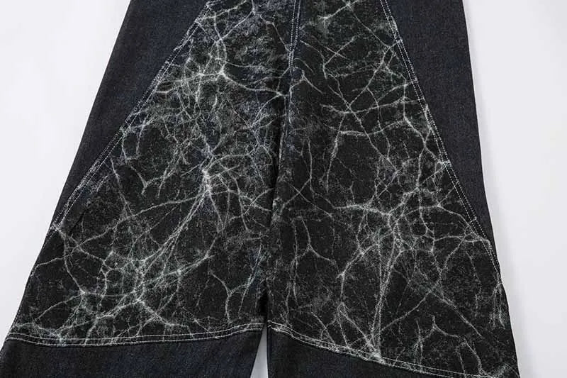 Vintage Hi Street Cargo Jeans Pants Irregular Patchwork Casual Denim Trousers For Male Black