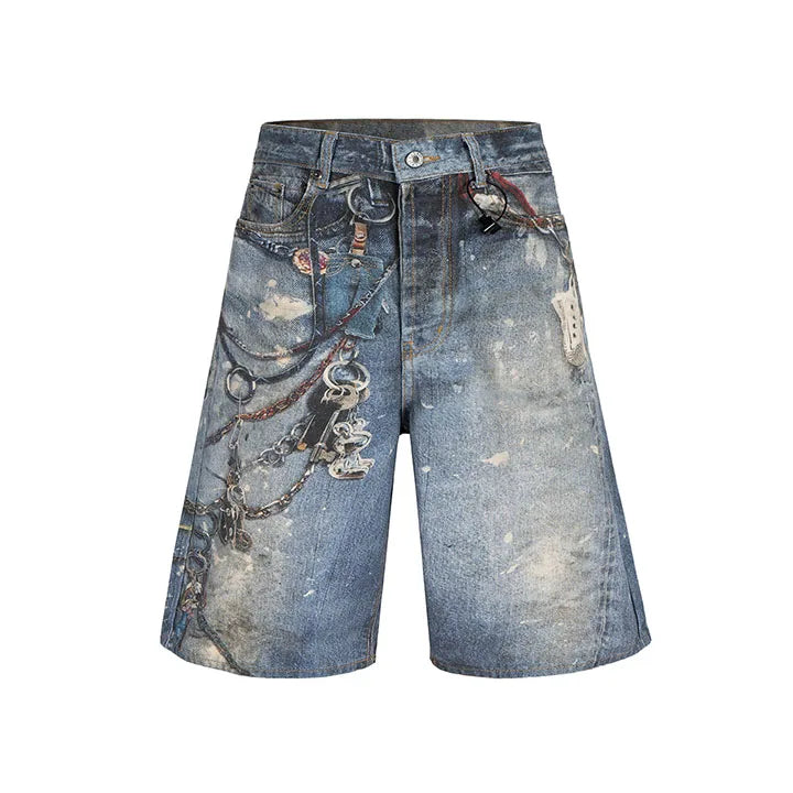 Hip Hop 3D Printed Jeans Shorts Streetwear Washed Vintage Denim Shorts For Male Blue
