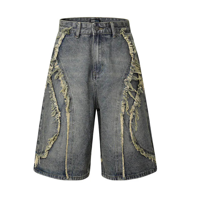 Vintage Hip Hop Washed Denim Shorts Hi Street Baggy Loose Jeans Shorts For Male Patchwork