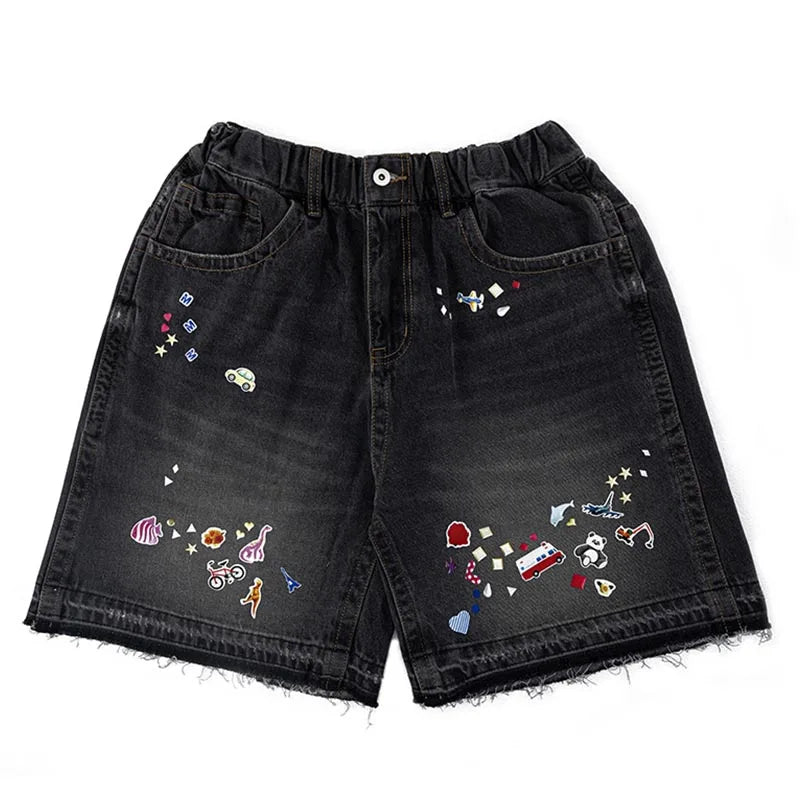 Vintage Hip Hop Casual Jeans Short Printed Streetwear Summer Denim Shorts For Male Elastic Waist
