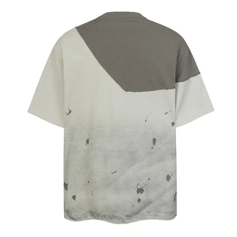 Vintage Irregular Patchwork Casual T shirt Washed Streetwear HipHop Top Tees For Male