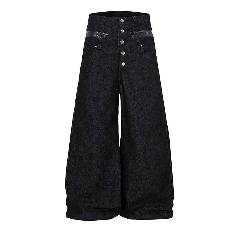 Vintage Hi Street Black Jeans Pants Rivet Style Leather Patchwork Denim Trousers For Male Loose Fit