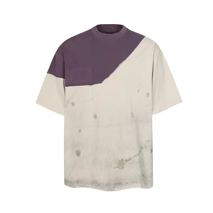 Vintage Irregular Patchwork Casual T shirt Washed Streetwear HipHop Top Tees For Male