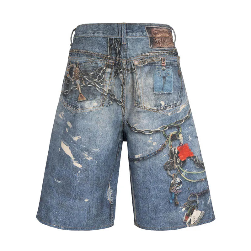Hip Hop 3D Printed Jeans Shorts Streetwear Washed Vintage Denim Shorts For Male Blue