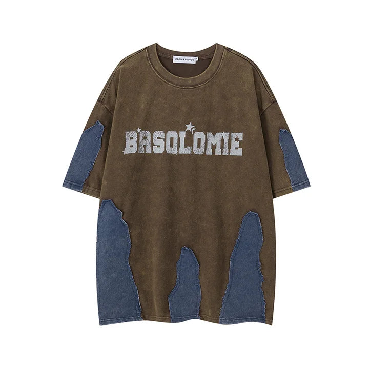 Oversized Hi Street Printed T shirts Short Sleeves Jeans Patchwork Top Tees For Male Hip Hop