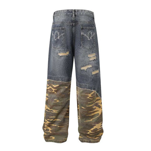 Camouflage Patchwork Jeans Pants Men Hip Hop Streetwear Washed Denim Trousers Straight Distressed