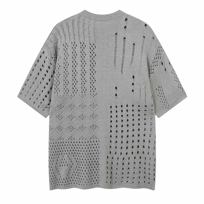 Vintage Hi Street Hollow out Tshirt Short Sleeves Streetwear Top Tees  For Male Patchwork