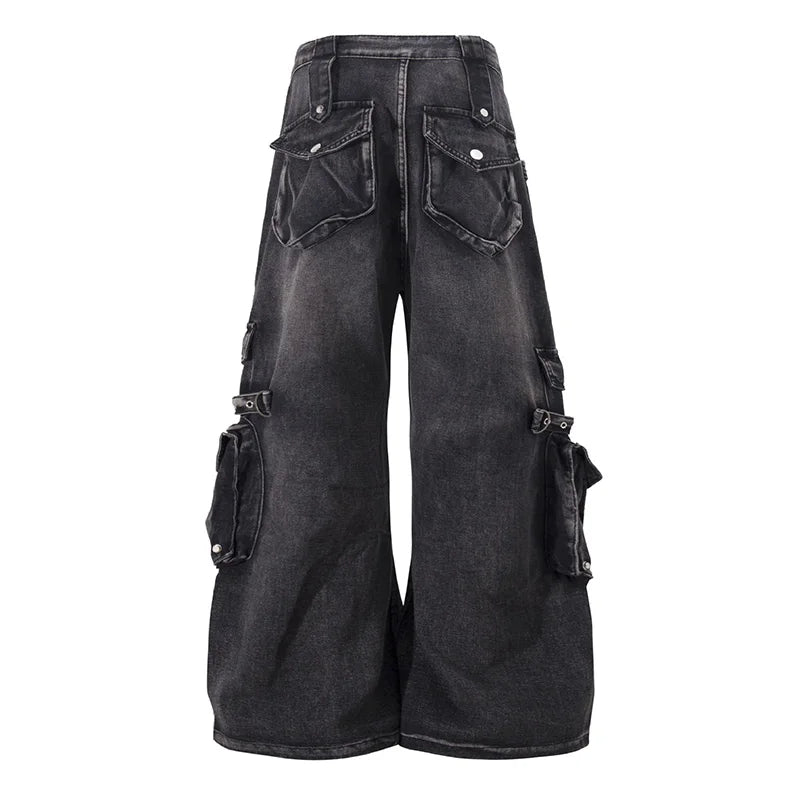 Hi Street Cargo Blue Casual Jeans Pants Loose Streetwear Vintage Denim Trousers For Male Multi Pockets