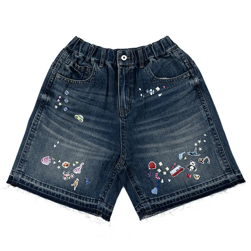 Vintage Hip Hop Casual Jeans Short Printed Streetwear Summer Denim Shorts For Male Elastic Waist