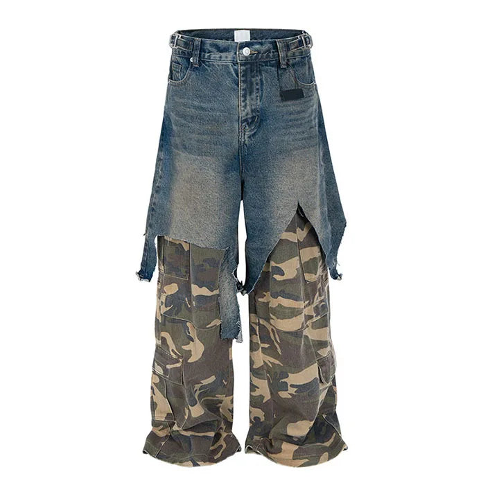 Hi Street Camouflage Patchwork Jeans Pants Straight Baggy Casual Denim Trousers For Male Vintage
