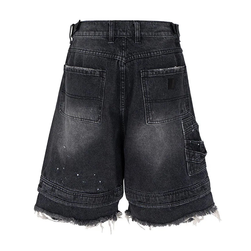 Vintage Hip Hop Ripped Jeans Short Streetwear Harakuju Casual Denim Short For Male Multi Pockets