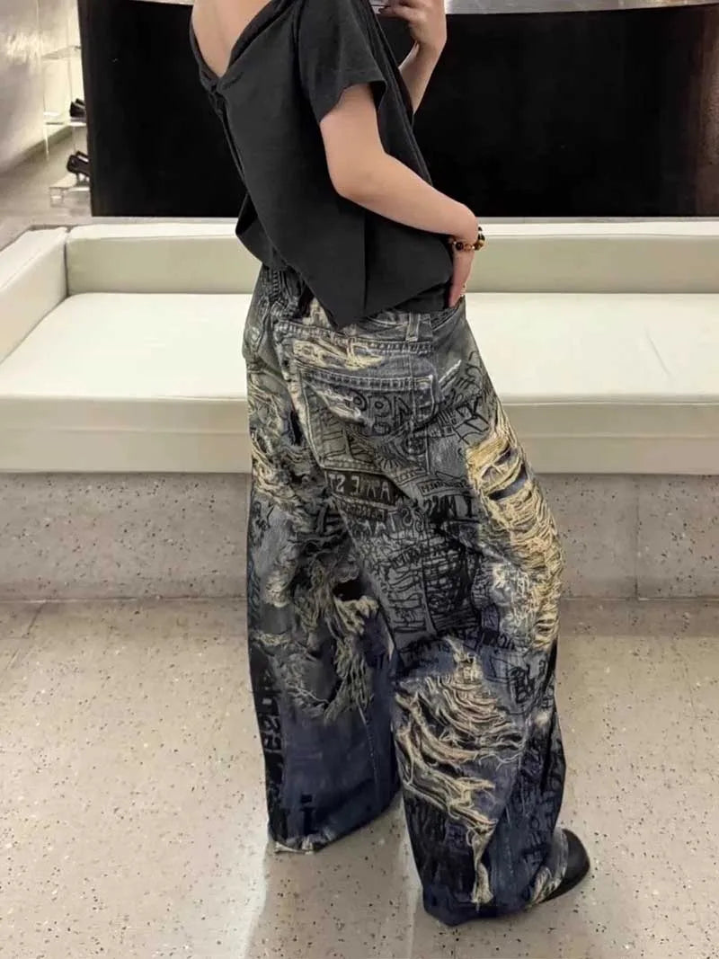 Hi Street 3D Printed Jeans Pants Streetwear Harakuju Vintage Denim Trousers For Male Hip Hop