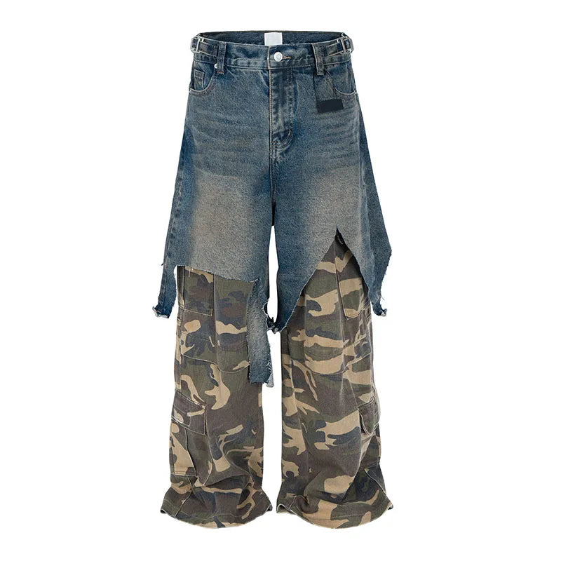 Hi Street Camouflage Patchwork Jeans Pants Straight Baggy Casual Denim Trousers For Male Vintage