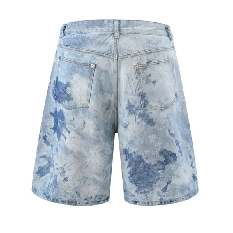 Hi Street Printed Casual Jeans Shorts Streetwear Washed Straight Denim Short For Male Patchwork