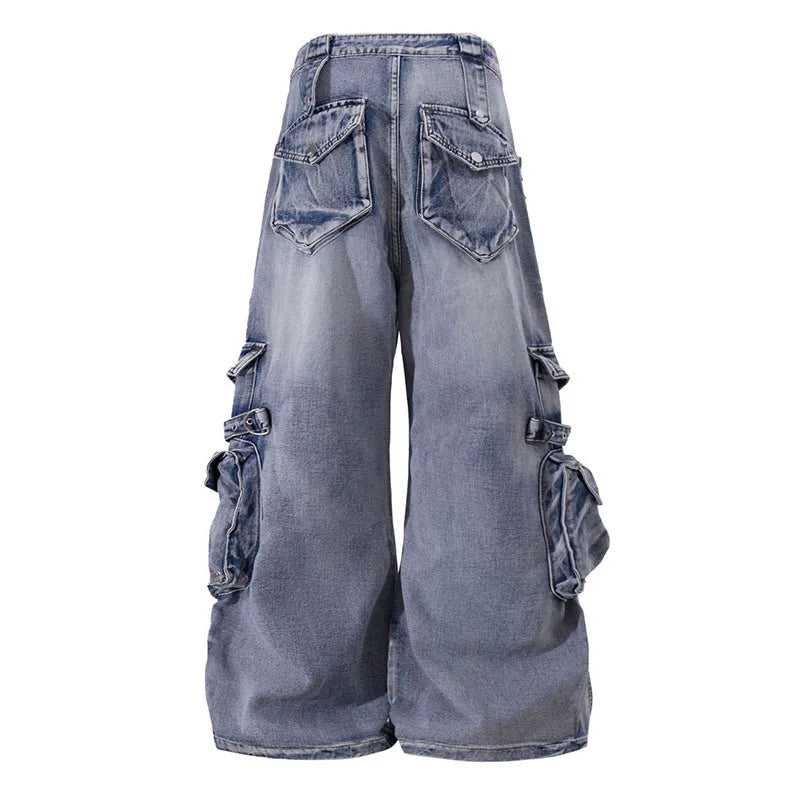 Hi Street Cargo Blue Casual Jeans Pants Loose Streetwear Vintage Denim Trousers For Male Multi Pockets