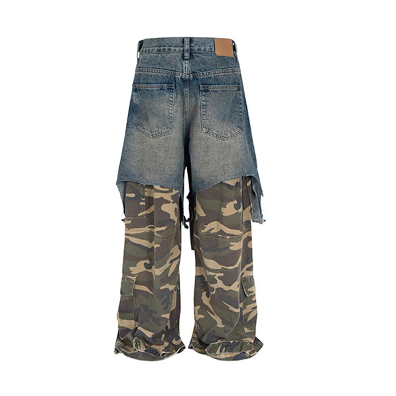 Hi Street Camouflage Patchwork Jeans Pants Straight Baggy Casual Denim Trousers For Male Vintage