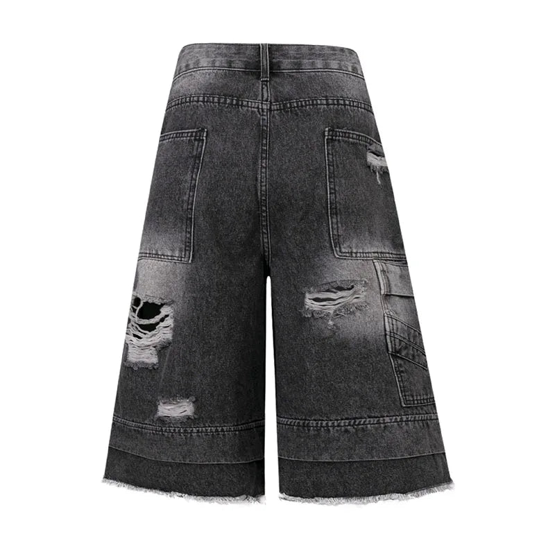 Hi Street Ripped Casual Jeans Shorts Streetwear Ripped Washed Denim Short For Male Patchwork
