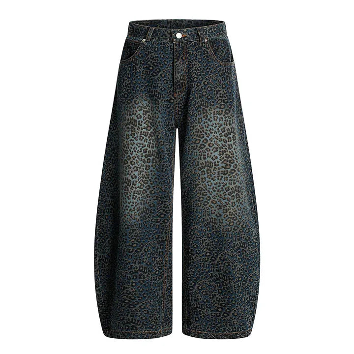 Hi Street Lepoard Printed Jeans Pants Loose Streetwear Casual Denim Trousers For Male Vintage