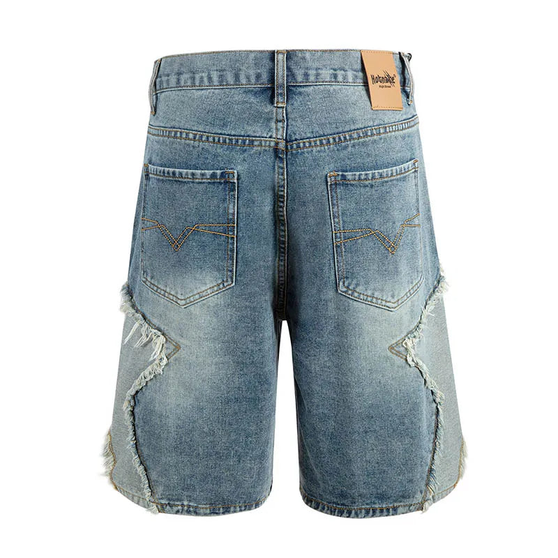 Hip Hop Star Pattern Casual Jeans Shorts Streetwear Washed Loose Denim Shorts For Male Patchwork
