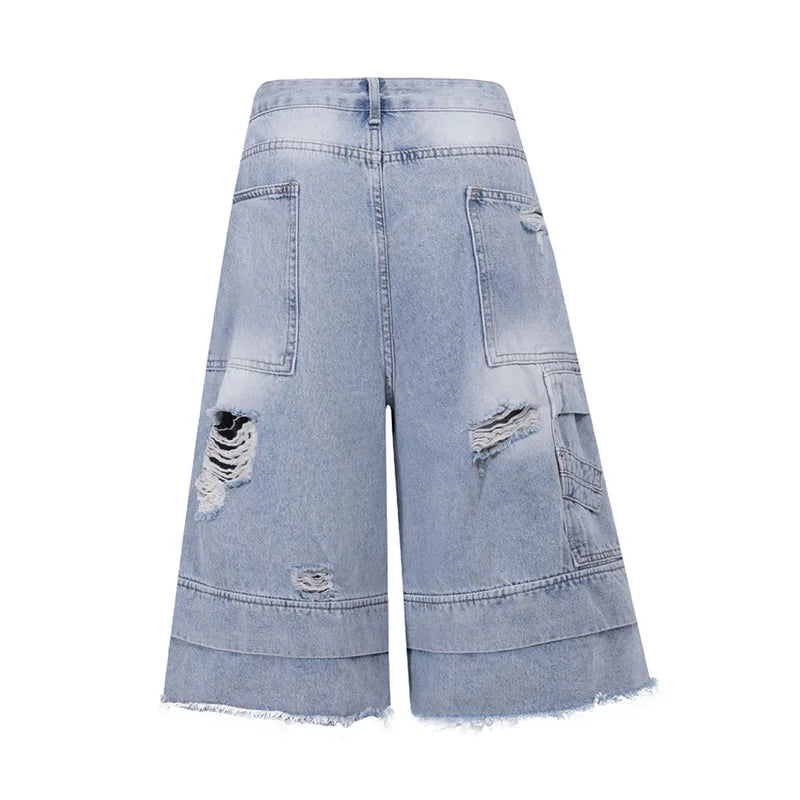 Hi Street Ripped Casual Jeans Shorts Streetwear Ripped Washed Denim Short For Male Patchwork