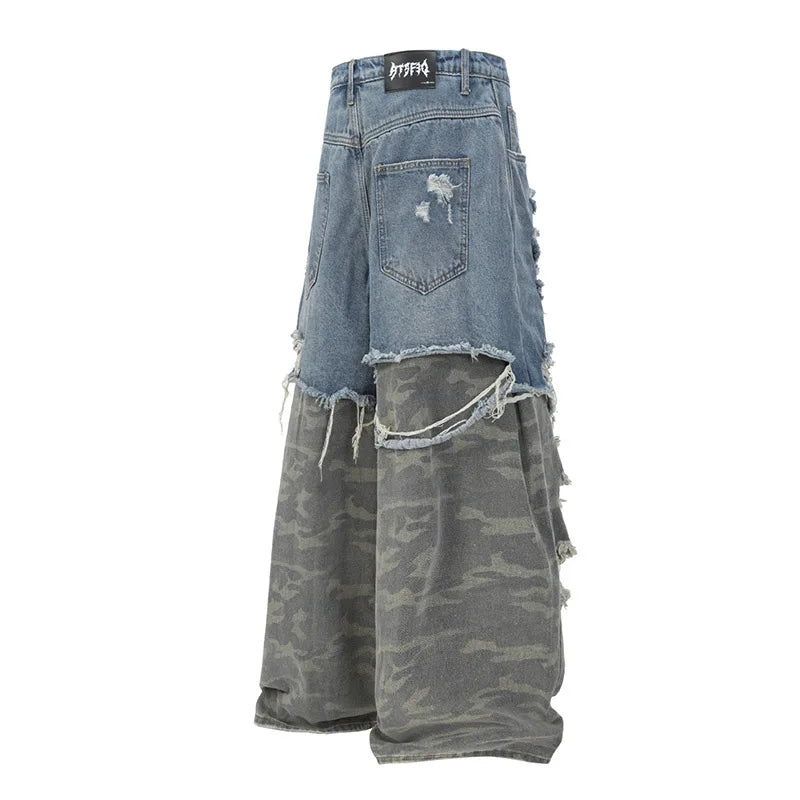 Harakuju Vintage Casual Jeans Pants Washed Hip Hop Camouflage Denim Trousers For Male Patchwork