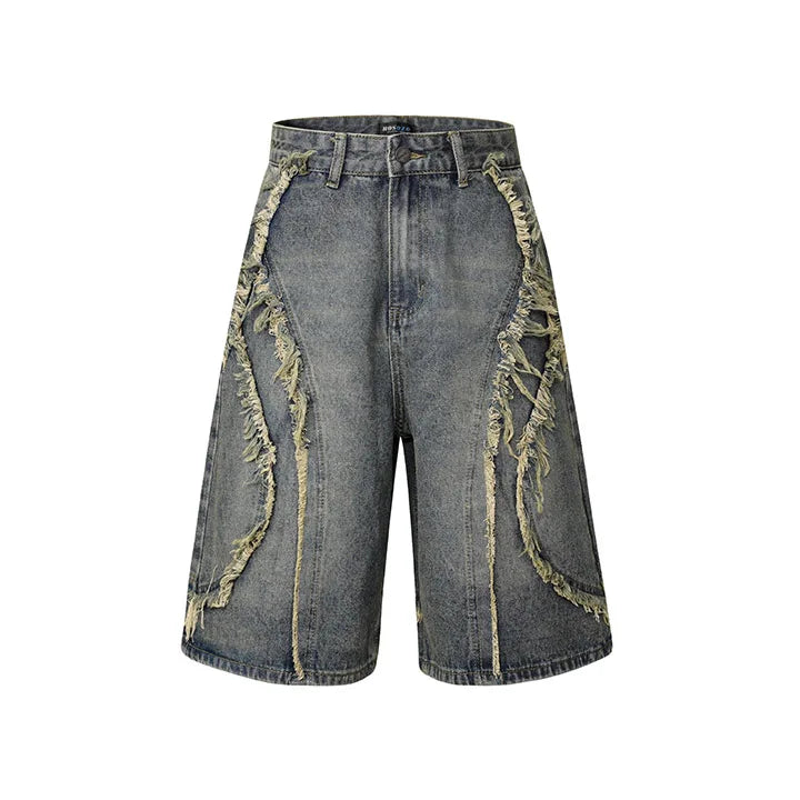 Vintage Hip Hop Washed Denim Shorts Hi Street Baggy Loose Jeans Shorts For Male Patchwork