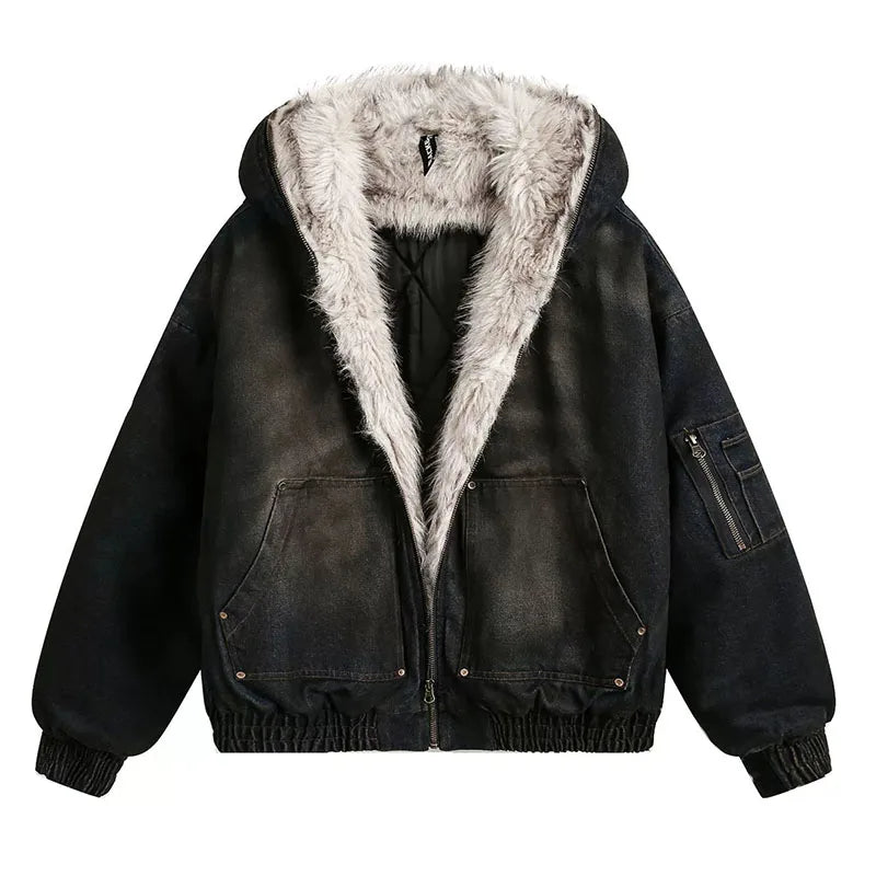 Oversized Hip Hop Winter Denim Parkas Vintage Harakuju Streetwear Casual Jackets Coats For Male With Fur Collar