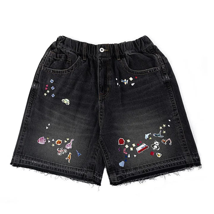 Vintage Hip Hop Casual Jeans Short Printed Streetwear Summer Denim Shorts For Male Elastic Waist