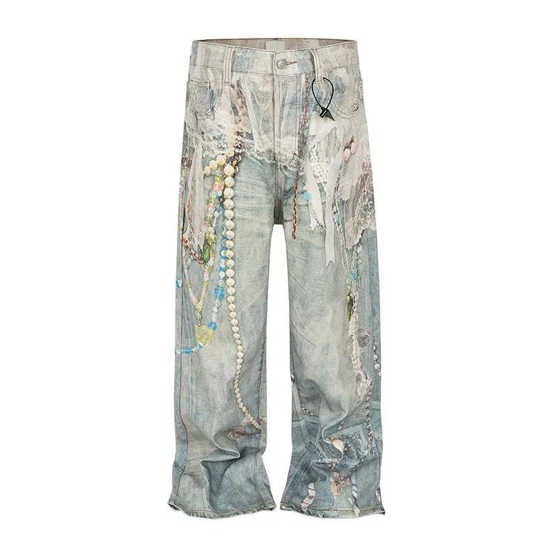 Hip Hop Vintage Pearl Printed Jeans Pants Harakuju Loose Baggy Denim Trousers For Unisex