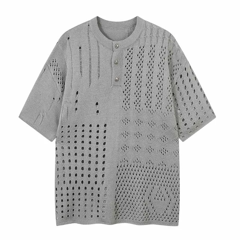 Vintage Hi Street Hollow out Tshirt Short Sleeves Streetwear Top Tees  For Male Patchwork