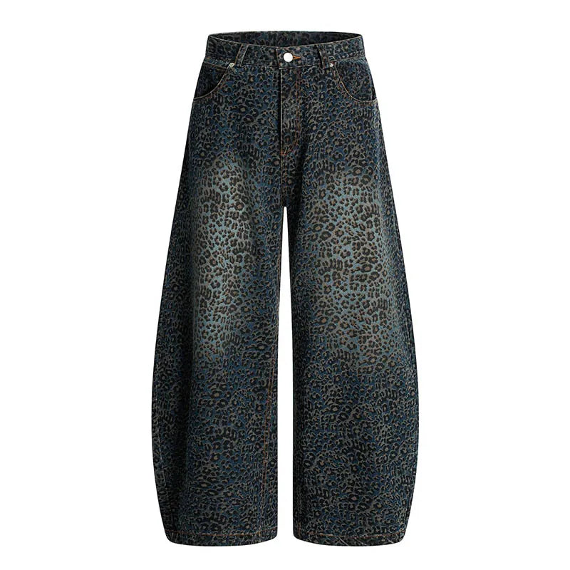 Hi Street Lepoard Printed Jeans Pants Loose Streetwear Casual Denim Trousers For Male Vintage