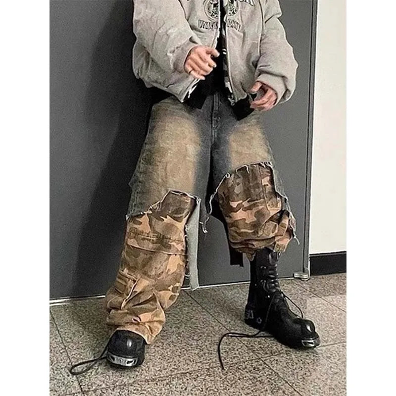 Hi Street Camouflage Patchwork Jeans Pants Straight Baggy Casual Denim Trousers For Male Vintage