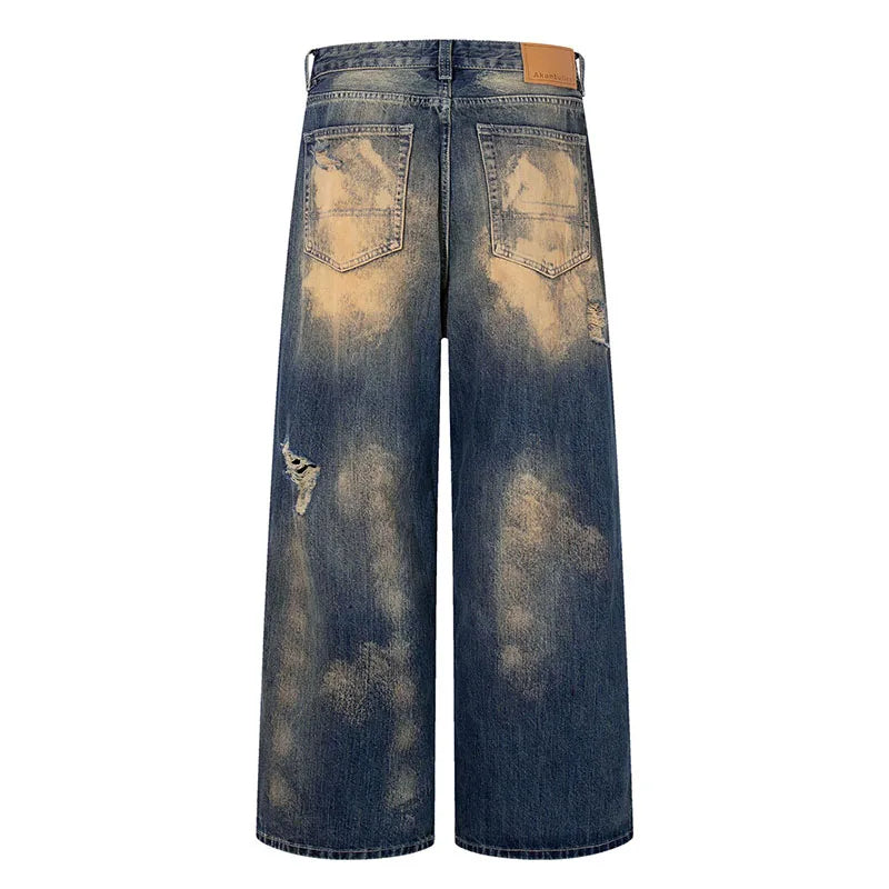 Hi Street Ripped Casual Jeans Pants Washed Loose Straight Denim Trousers For Male
